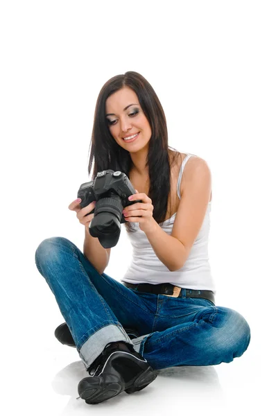 Kadın ve fotoğraf makinesi — Stok fotoğraf