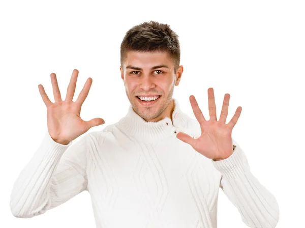 Portrait of happy smiling man showing ten fingers — Stock Photo, Image