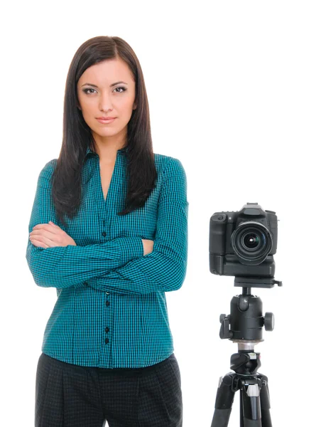 Mujer y cámara fotográfica —  Fotos de Stock