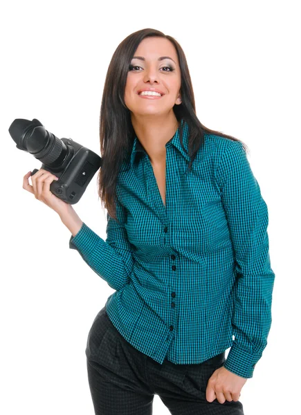 Mulher e câmera fotográfica — Fotografia de Stock