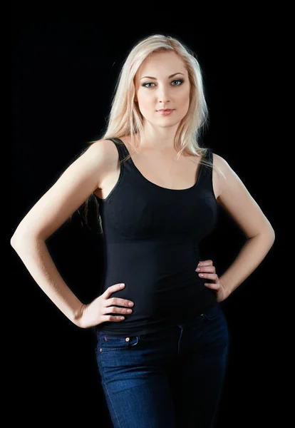 Blond woman with blank black shirt — Stock Photo, Image