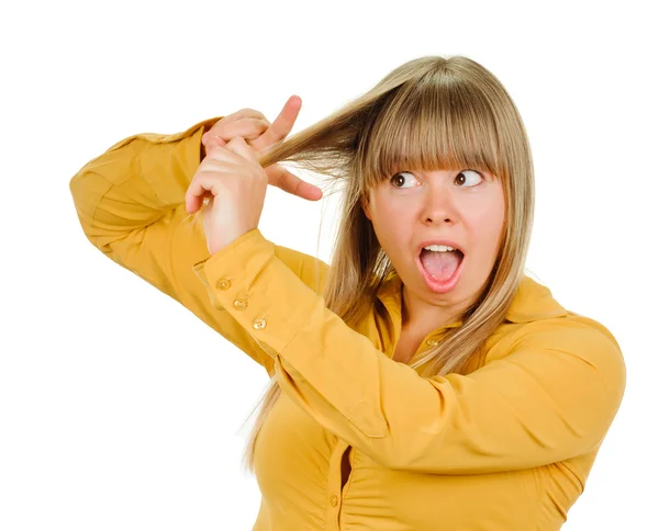 Corte de cabelo mulher dedo — Fotografia de Stock