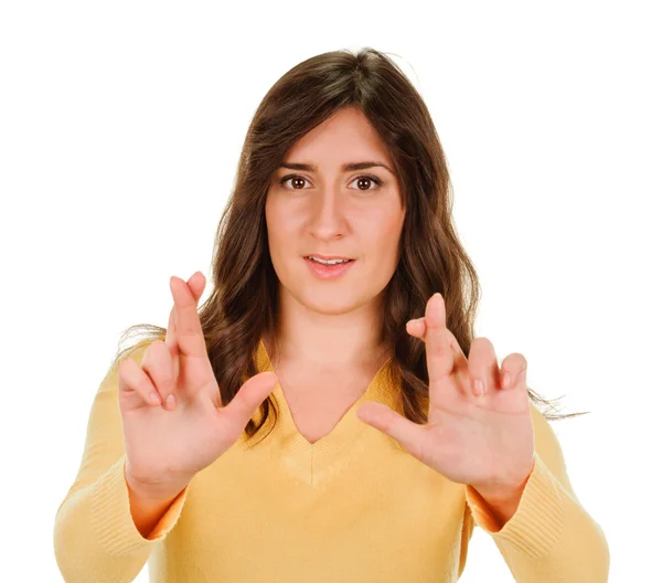 Young woman crossing fingers, praying, christening — Stock Photo, Image