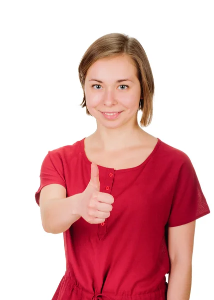 Jovem mulher mostrando um polegar para cima — Fotografia de Stock