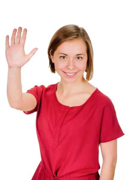 Retrato de mujer sonriente mostrando cinco dedos — Foto de Stock