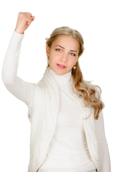 Exited young woman raising clenched fist arm — Stock Photo, Image