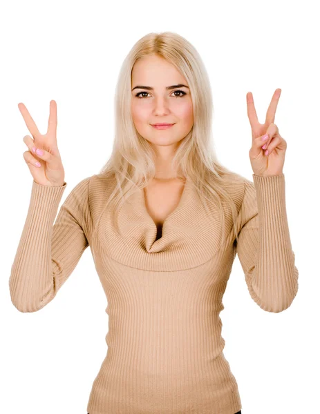 Girl showing victory sign — Stock Photo, Image