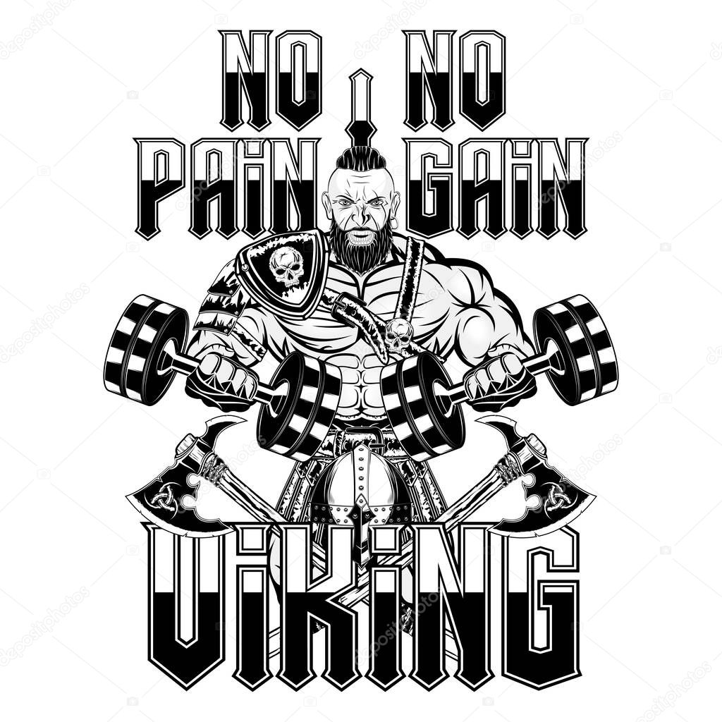 Viking bodybuilder in armor and with dumbbells. Bodybuilding. Powerlifting. No pain, no gain. Vector color illustration for t shirt print. 