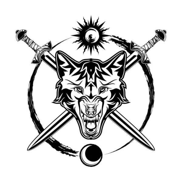 Cabeça Lobo Feroz Contra Fundo Espadas Sol Lua Símbolo Viking Ilustrações De Bancos De Imagens Sem Royalties