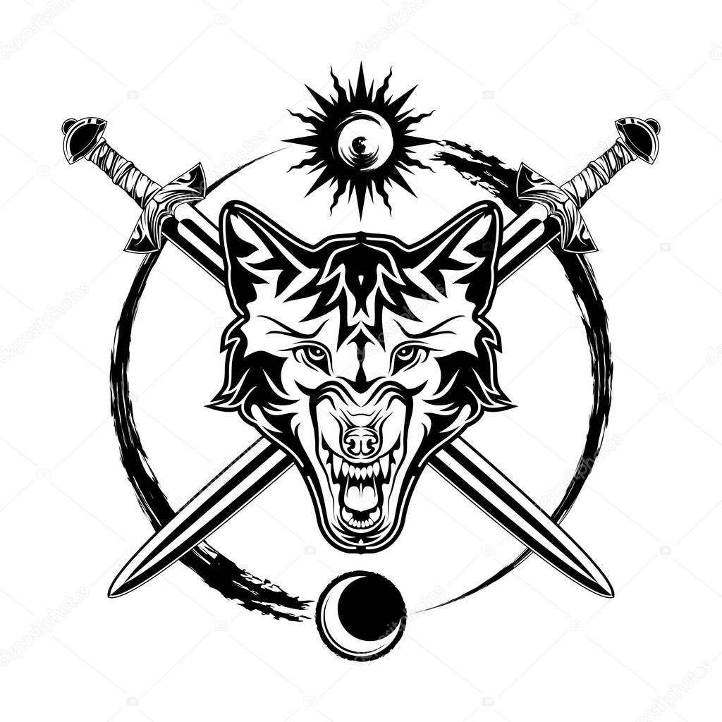 Head of a fierce wolf against the background of swords. Sun and moon. Symbol of the Viking. Totemic animal of Celts. Illustration of Scandinavian myths for t shirt print. Black tattoo.