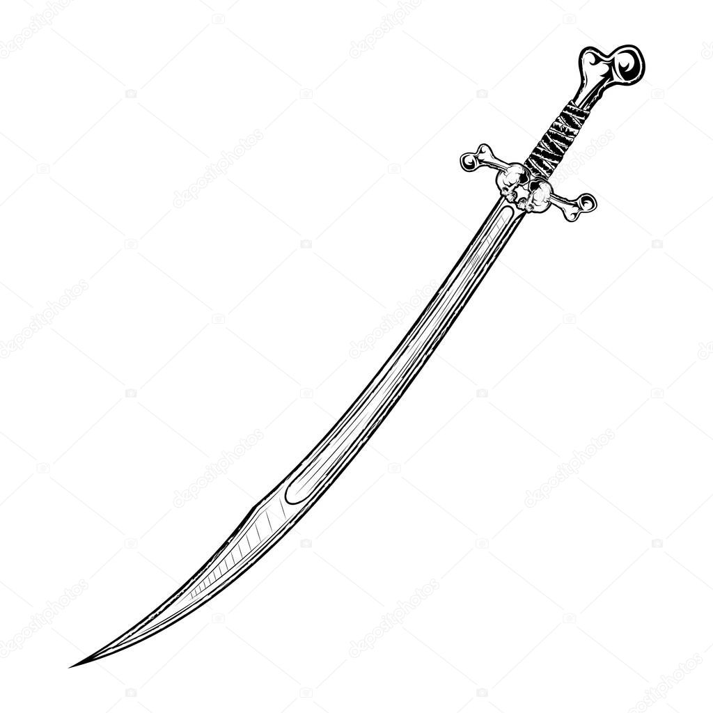 Vector image of the Arab saber. Pirate's crooked sword. Curve fantasy blade. Weapon of the monster. The drawing for design. Black tattoo. Vector illustration.