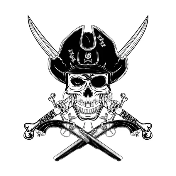 Skull Pirate Hat Background Cutlasses Antique Pistols Jolly Roger Vector — Stock Vector