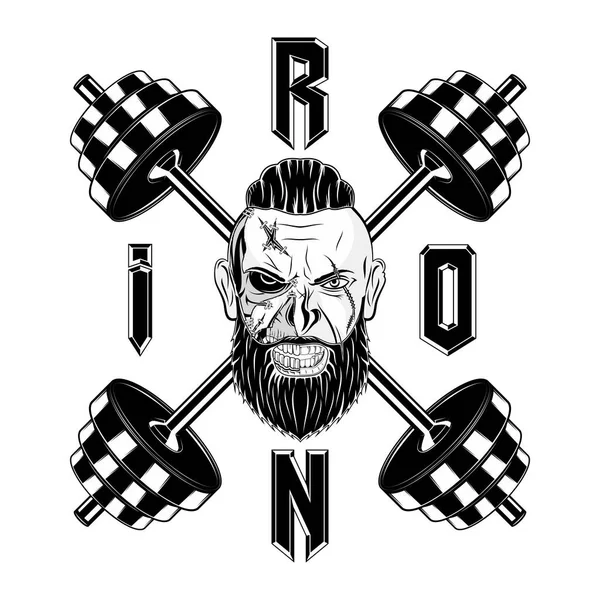 Drawing of a Viking\'s head on a background of crossed barbells. Iron sport. Bodybuilding. Powerlifting. Vector illustration for t shirt print. Hand drawn sport logos, badges, labels. Poster.