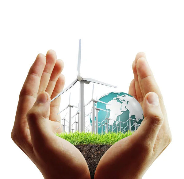 Wind turbines in the hand — Stock Photo, Image