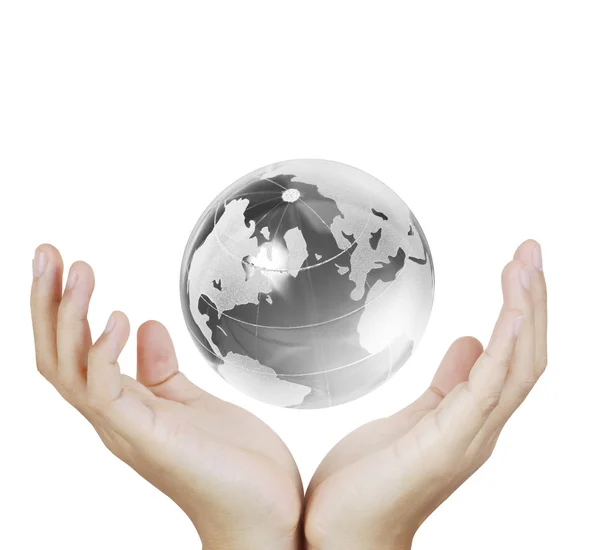 Globe in menselijke hand, hand met onze planeet aarde gloeien. Oor — Stockfoto