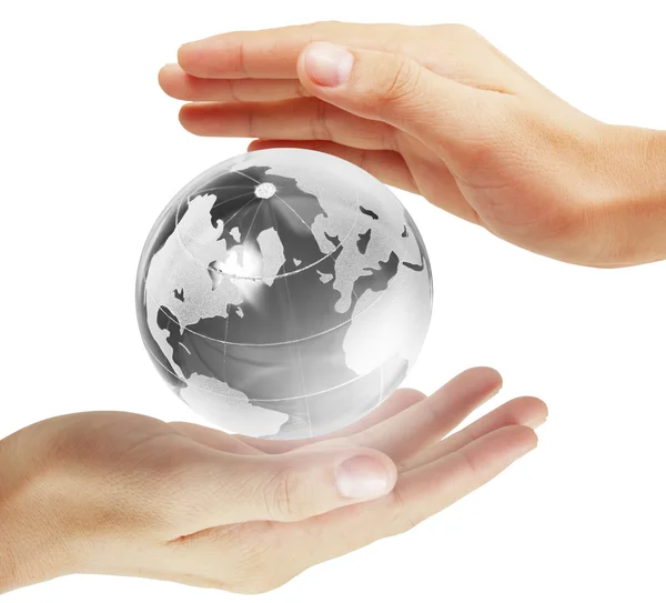 Globe in menselijke hand, hand met onze planeet aarde gloeien. Oor — Stockfoto