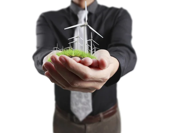 Eco power, wind turbines in  hand — Stock Photo, Image