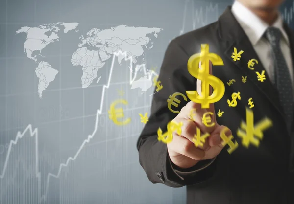 Businessman with financial symbols coming — Stock Photo, Image