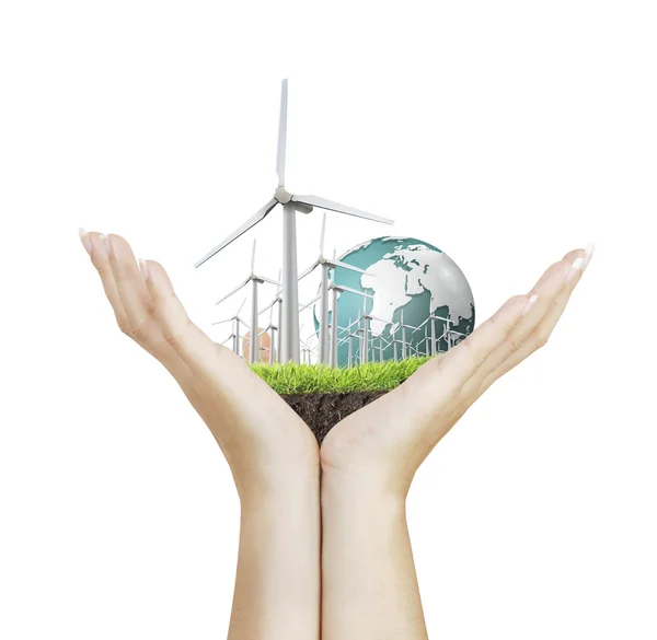 Wind turbines in the hand — Stock Photo, Image