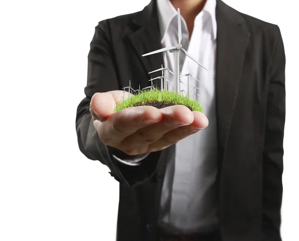 Eco power, wind turbines in  hand — Stock Photo, Image