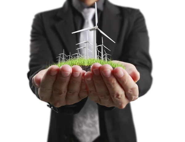 Eco power, wind turbines in  hand — Stock Photo, Image