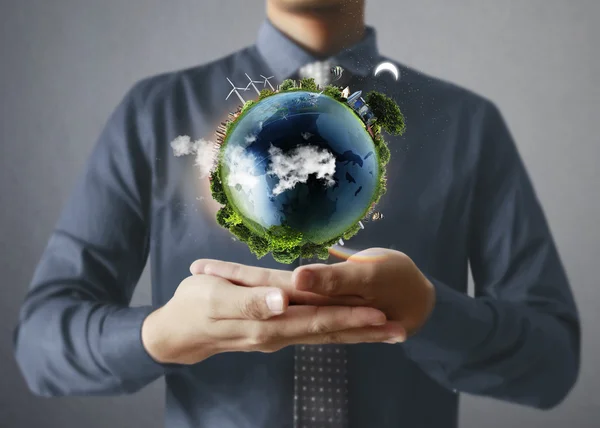 Globe  in human hand, hand holding our planet earth glowing. Ear — Stock Photo, Image