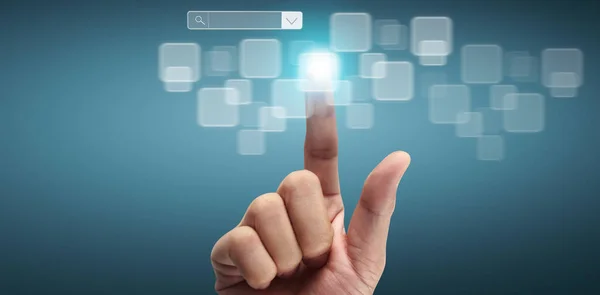 Руки Сенсорний Екран Інтерфейс Глобального Єднання Клієнтські Мережеві Обміни Даними — стокове фото
