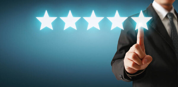Hand of touching rise on increasing five stars. Increase rating evaluation and classification concept