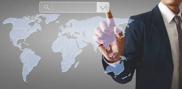 Hands Touching Button Screen Interface Global Connection Customer Networking Data — Stock Photo, Image