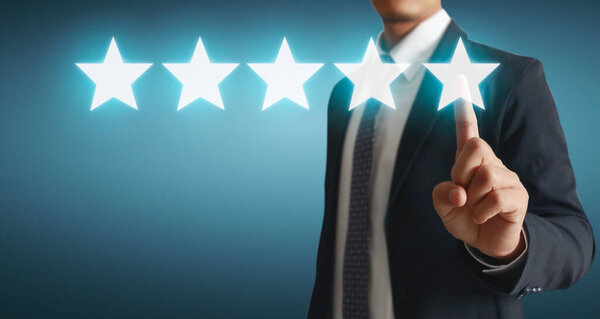 Hand of touching rise on increasing five stars. Increase rating evaluation and classification concept