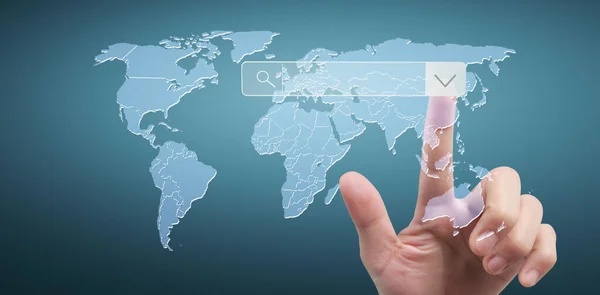 Hands Dotykając Interfejsu Ekranu Przycisku Globalne Połączenie Wymiany Danych Sieci — Zdjęcie stockowe