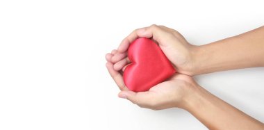 Hands holding a red heart. heart health donation concepts clipart