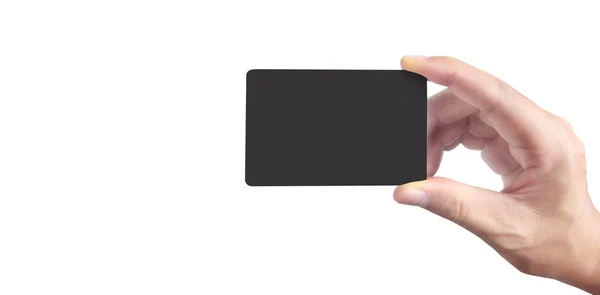 Close Van Hand Houden Blanco Zwarte Kaart Creditcard Hand Geïsoleerd — Stockfoto