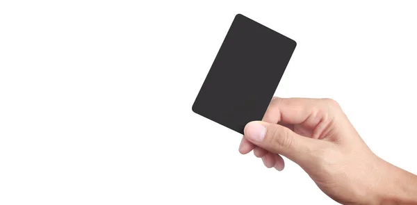 Κοντινό Πλάνο Του Χεριού Κρατώντας Λευκή Μαύρη Κάρτα Απομονωμένη Πιστωτική — Φωτογραφία Αρχείου