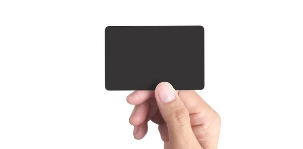 Close Van Hand Houden Blanco Zwarte Kaart Creditcard Hand Geïsoleerd — Stockfoto