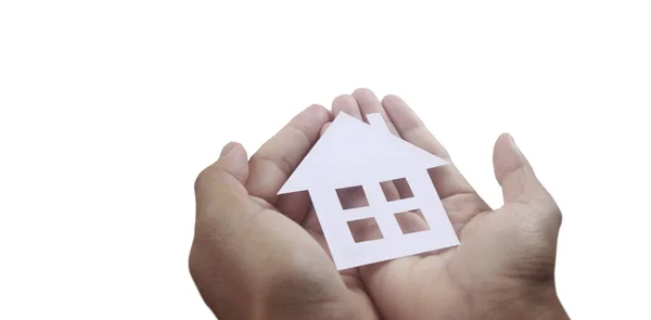 Mãos Segurando Casa Papel Casa Família Proteger Conceito Seguro — Fotografia de Stock