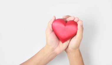 Kırmızı bir kalbi tutan eller. kalp sağlığı bağışı kavramları