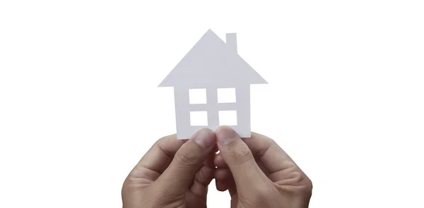 Mãos Segurando Casa Papel Casa Família Proteger Conceito Seguro — Fotografia de Stock