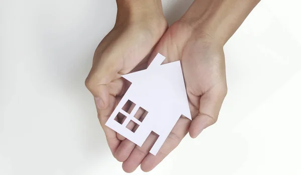 Hands Holding Paper House Family Home Protecting Insurance Concept — Stock Photo, Image