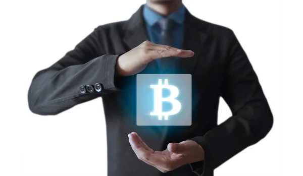 Handen Tonen Bitcoin Pictogram Als Virtueel Geld Digitaal — Stockfoto