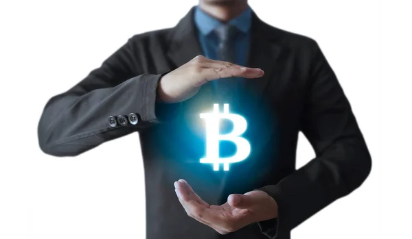 Handen Tonen Bitcoin Pictogram Als Virtueel Geld Digitaal — Stockfoto