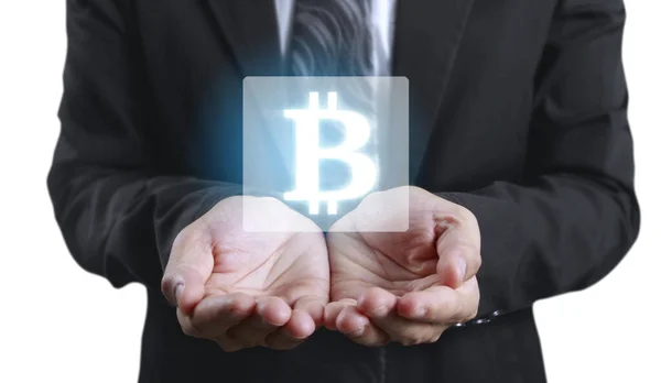 Hände Zeigen Bitcoin Symbol Als Virtuelles Geld Auf Digitalem Weg — Stockfoto