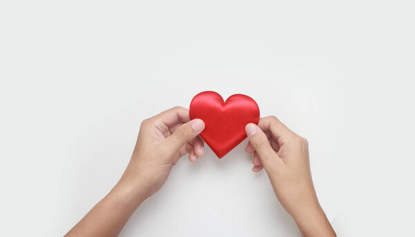 Hands holding a red heart. heart health donation concepts