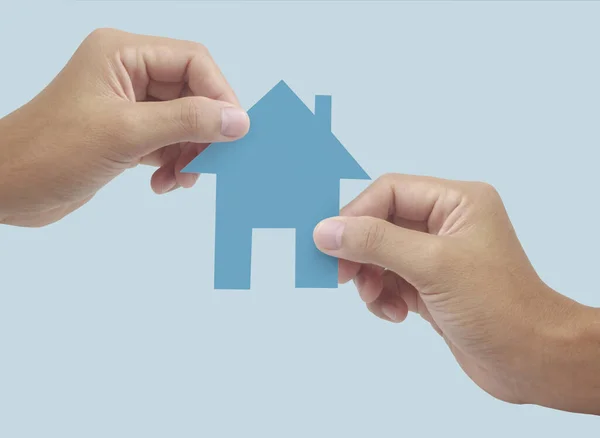 Hands Holding Paper House Family Home Protecting Insurance Concept — Stock Photo, Image