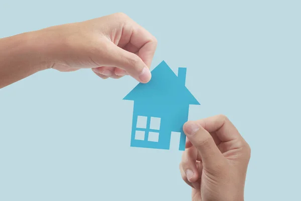 Hands Holding Paper House Family Home Protecting Insurance Concept — Stock Photo, Image