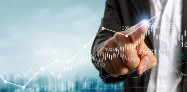 Hand Touching Graphs Financial Indicator Accounting Market Economy Analysis Chart — Stock Photo, Image