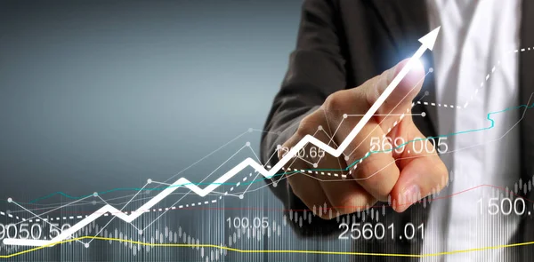 Hand Touching Graphs Financial Indicator Accounting Market Economy Analysis Chart — Stock Photo, Image