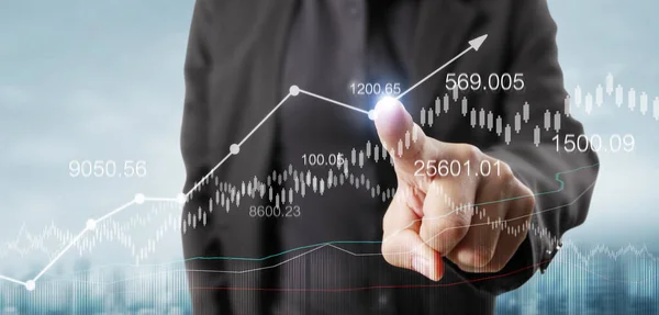 Hand Touching Graphs Financial Indicator Accounting Market Economy Analysis Chart — Stock Photo, Image