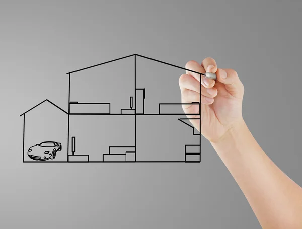 Hand drawing house in  whiteboard — Stock Photo, Image