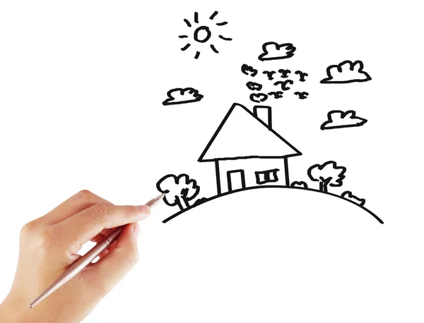 Hand drawing house in  whiteboard — Stock Photo, Image